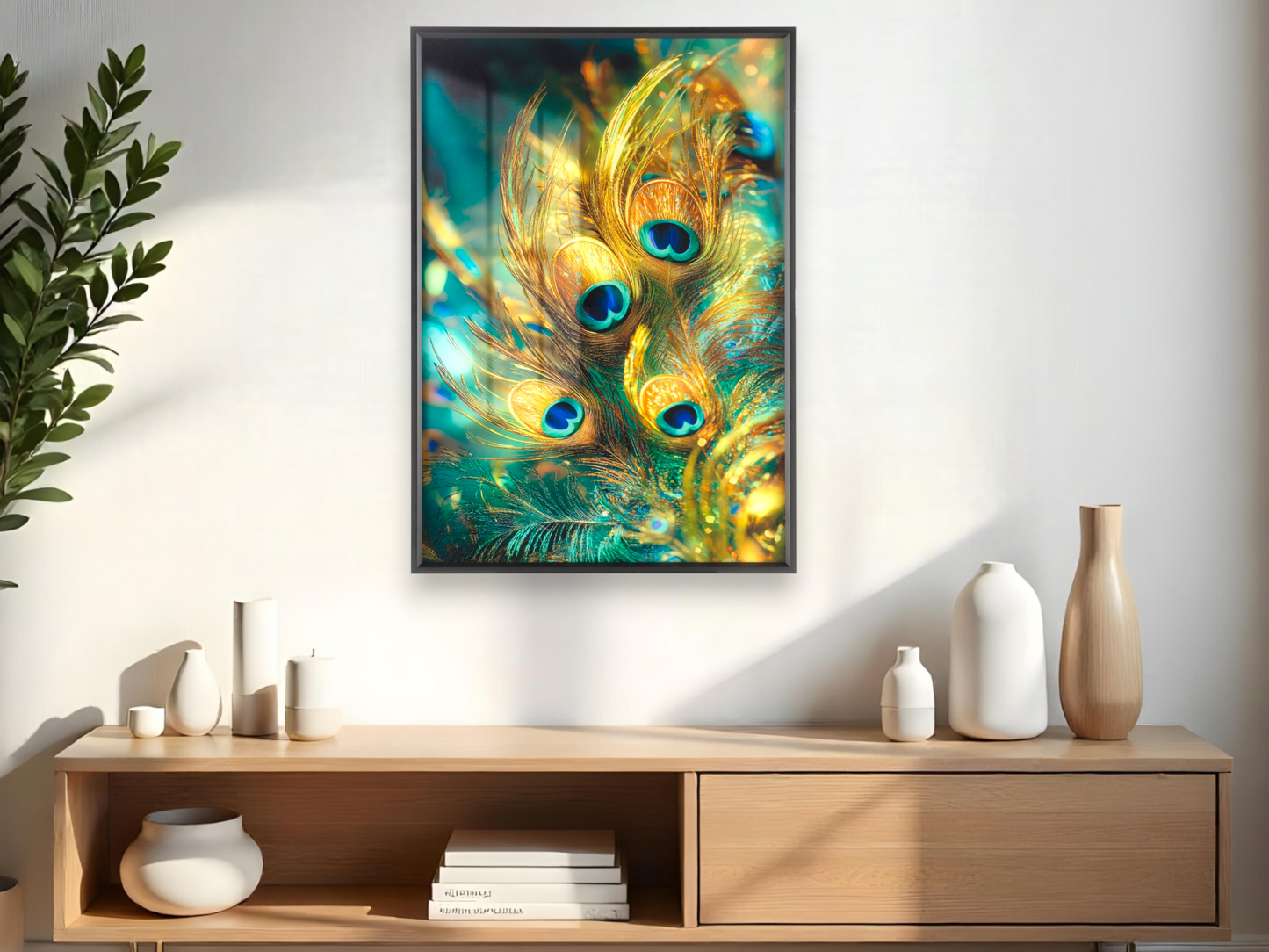 Golden Peacock Feathers With Teal Blue Eyes Wall Art
