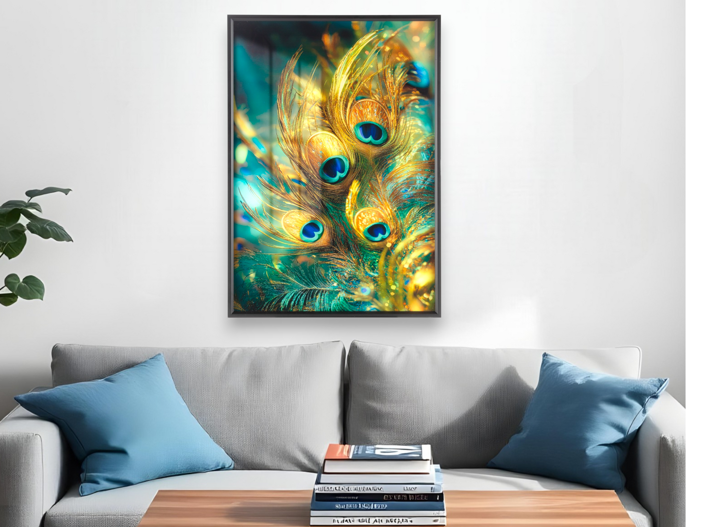 Golden Peacock Feathers With Teal Blue Eyes Wall Art