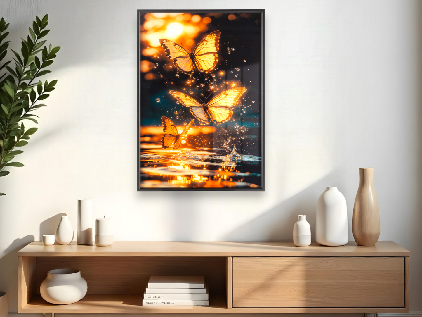 Golden Butterflies Fluttering Over A Sparkling Sunset Water Wall Art