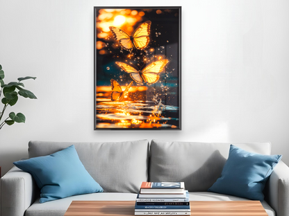 Golden Butterflies Fluttering Over A Sparkling Sunset Water Wall Art