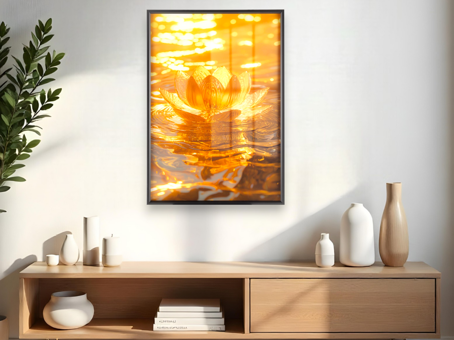 Golden Lotus Flower in Serene Water Wall Art