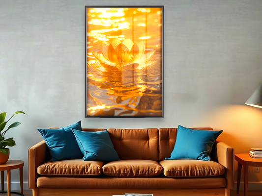 Golden Lotus Flower in Serene Water Wall Art