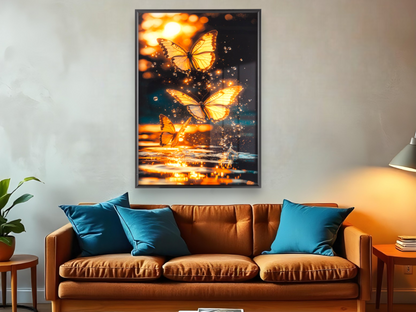 Golden Butterflies Fluttering Over A Sparkling Sunset Water Wall Art