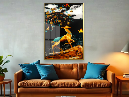 Abstract Geometric Oil Painting With Deer and Golden Backdrop Wall Art