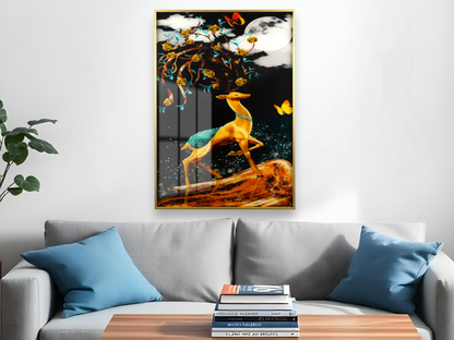 Abstract Geometric Oil Painting With Deer and Golden Backdrop Wall Art