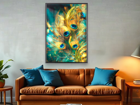 Golden Peacock Feathers With Teal Blue Eyes Wall Art