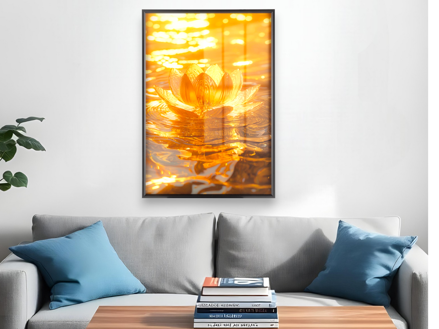 Golden Lotus Flower in Serene Water Wall Art