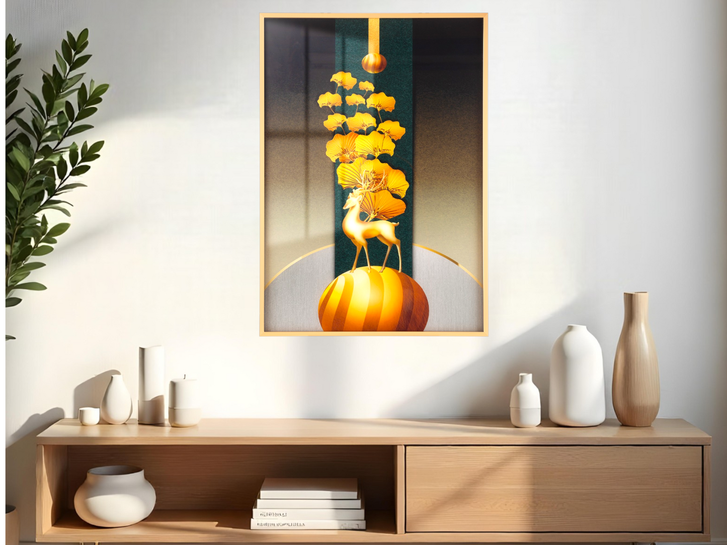 Moon Golden Deer Gold Leaves 3d Modern Mural Wall Art