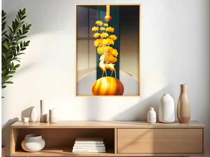 Moon Golden Deer Gold Leaves 3d Modern Mural Wall Art