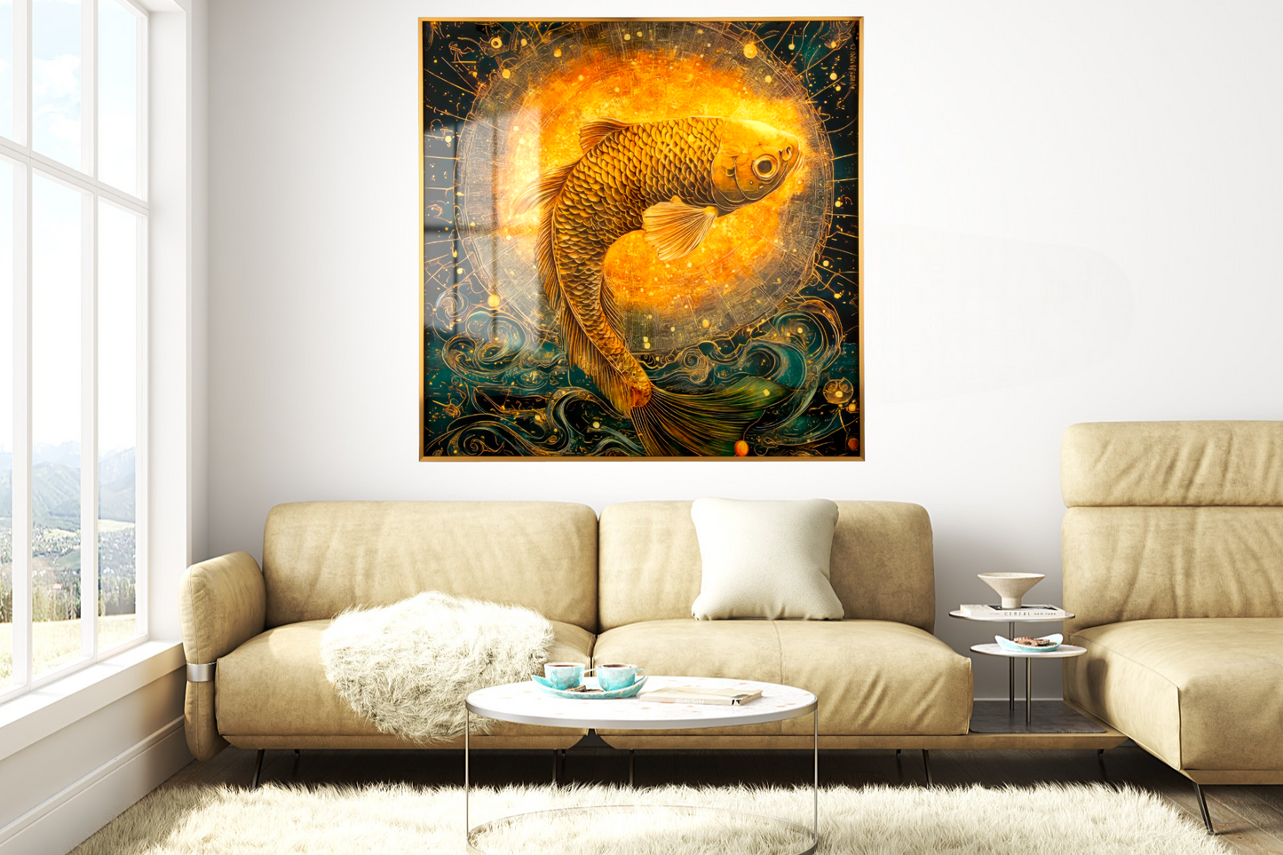 Golden Fish in Cosmic Waves Wall Art