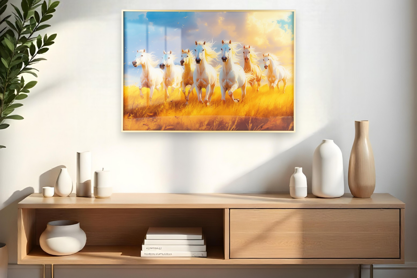 White Horses Running Through Field Tall Grass Wall Art