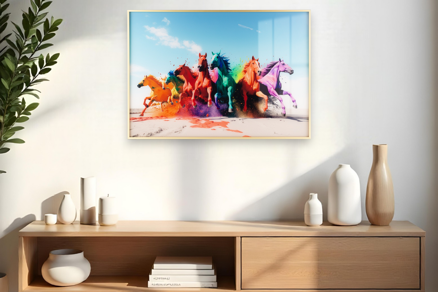 White Horses Running And Rainbow Wall Art